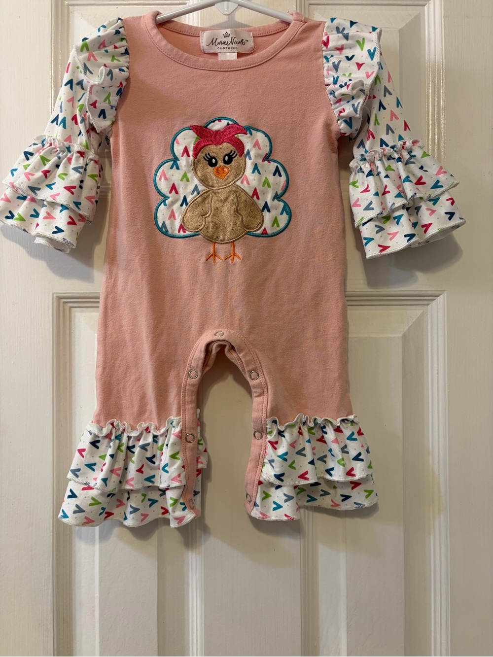 Marie Nicole Adorable Girl's Pink Turkey Thanksgiving Ruffle Romper 3-6 Months